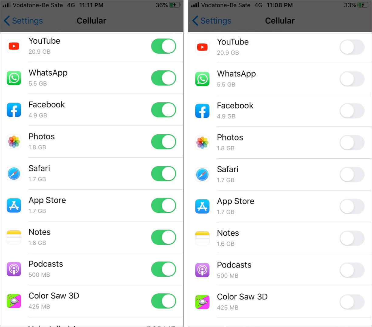 Desativar dados de celular para aplicativos específicos no iPhone