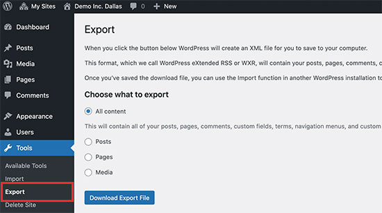 Exportando um único site de uma rede multisite WordPress