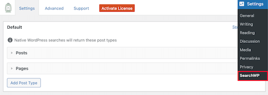 Menu de configurações do SearchWP
