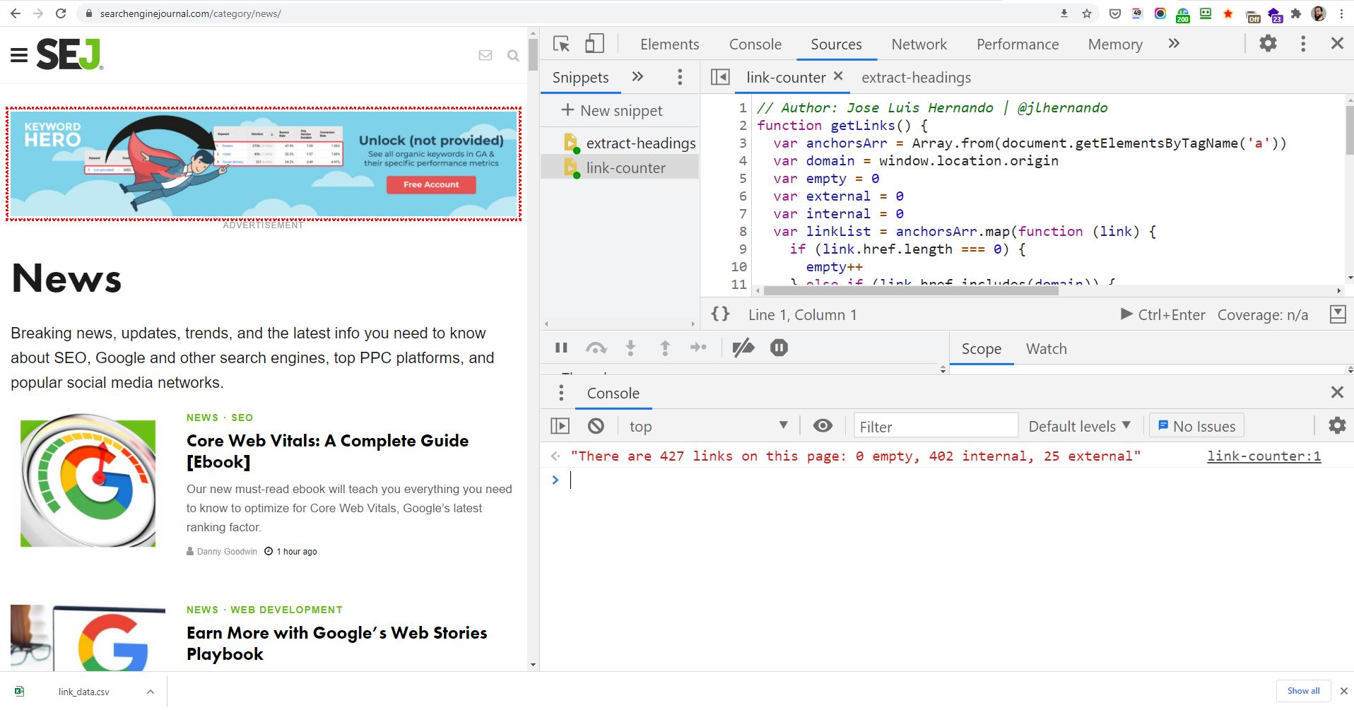 Contador de link de snippet do Chrome SEO.