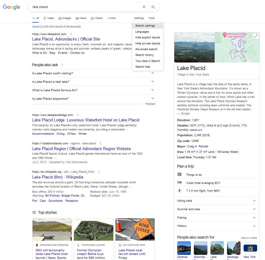 Configurações e ferramentas de pesquisa adicionais no Google.