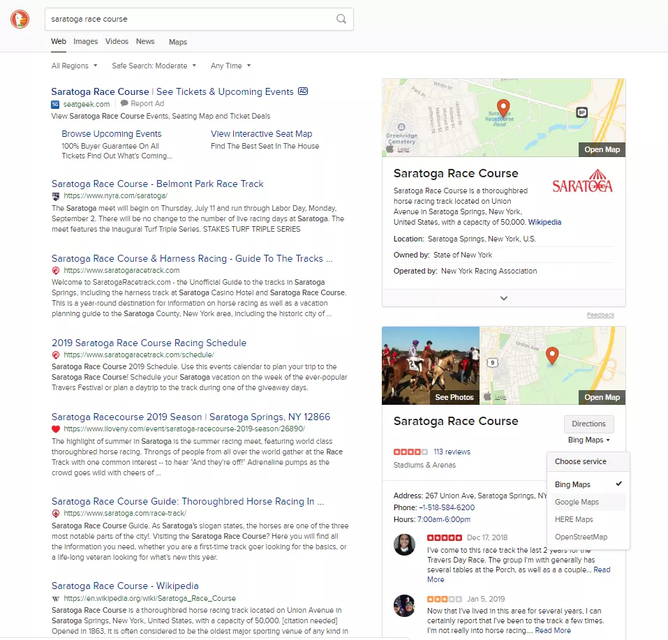 Pesquisa de direção do local da empresa em DuckDuckGo.