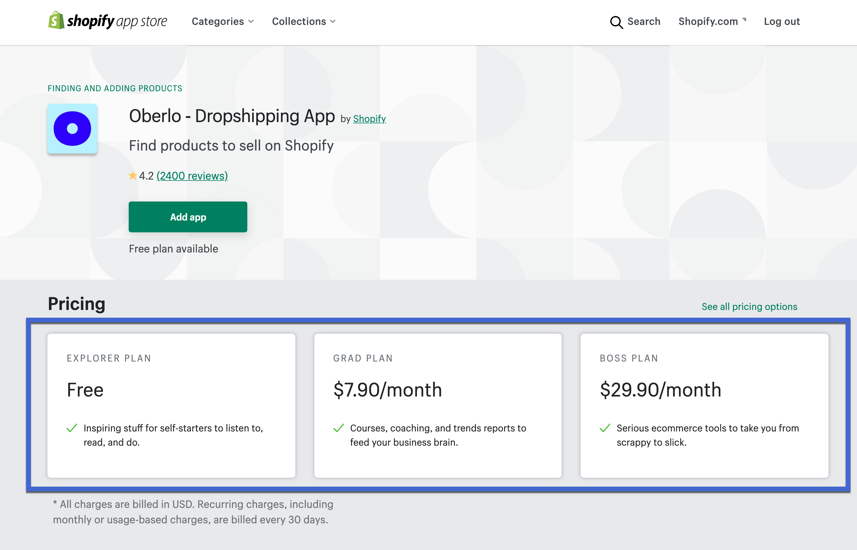 preços detalhados do Shopify para aplicativos
