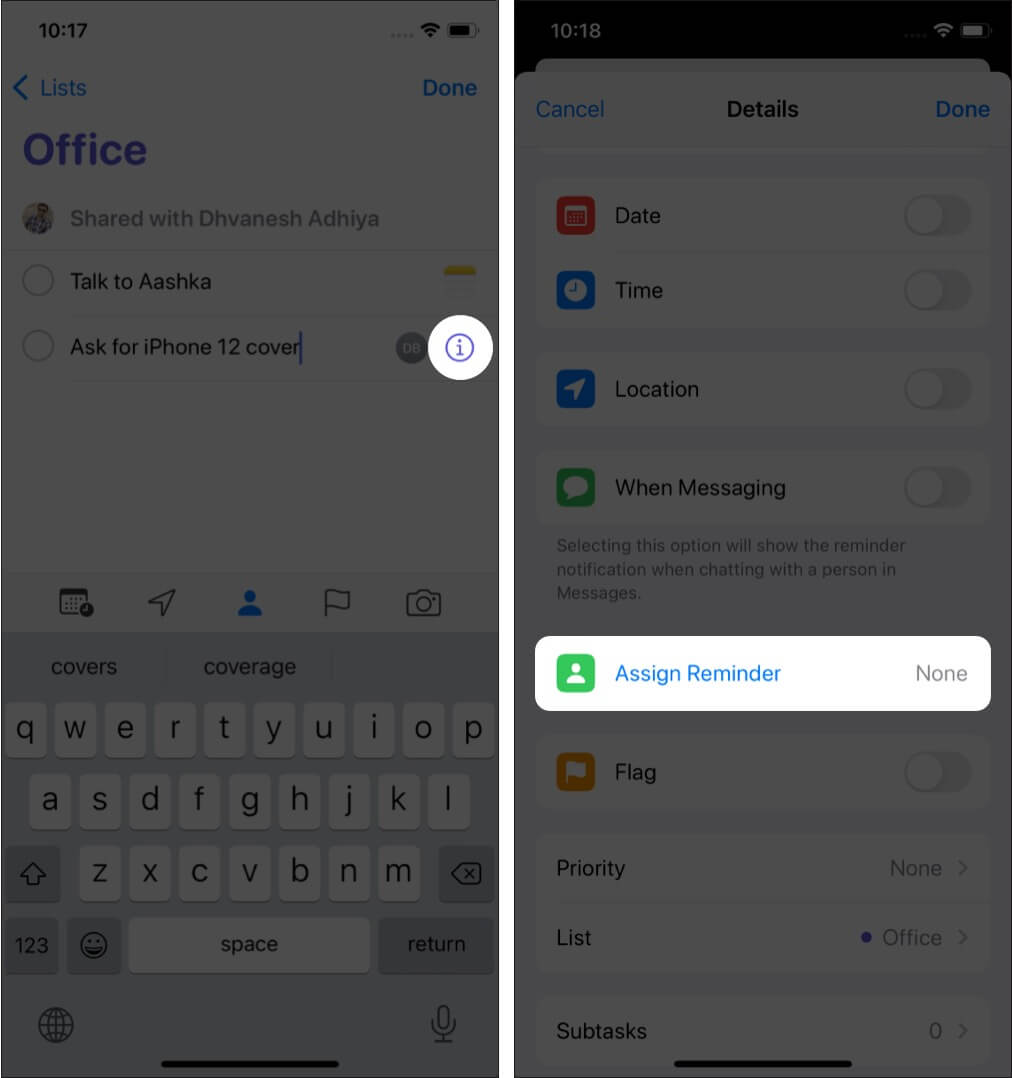Toque em i e, em seguida, toque em Atribuir lembrete