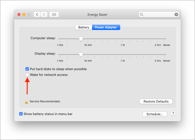 Uncheck Wake for network access in Energy Preferences