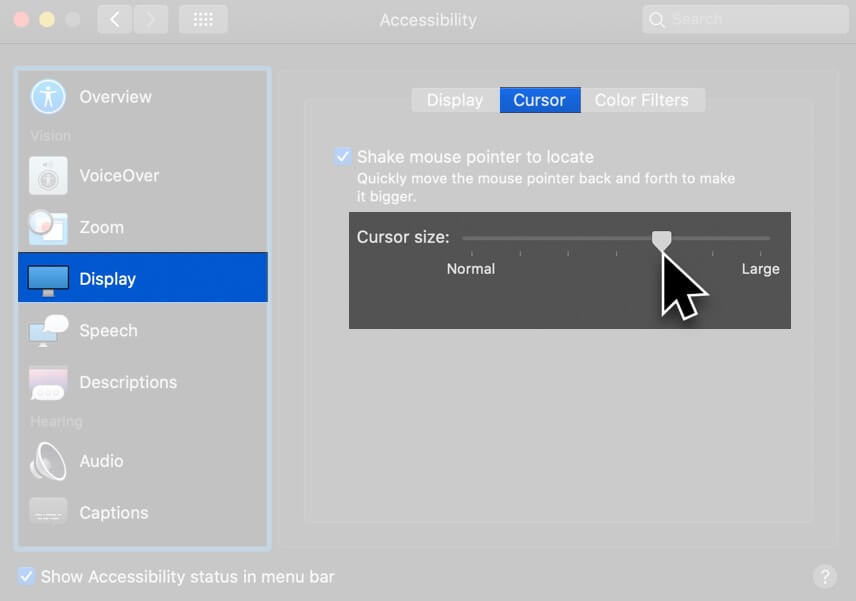 Clique em Display-from-Sidebar-Move Cursor Size Slider in Preferências do sistema Mac