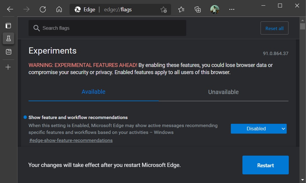 Menu de sinalizadores do Microsoft Edge