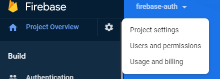 Captura de tela do menu Visão geral do projeto Firebase