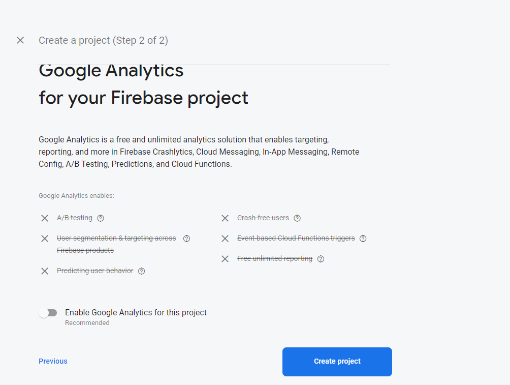 Captura de tela da tela Criar projeto do Firebase