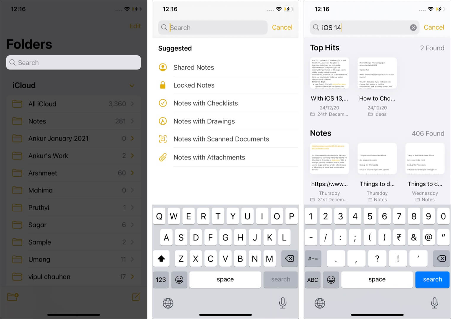 Search inside Notes app