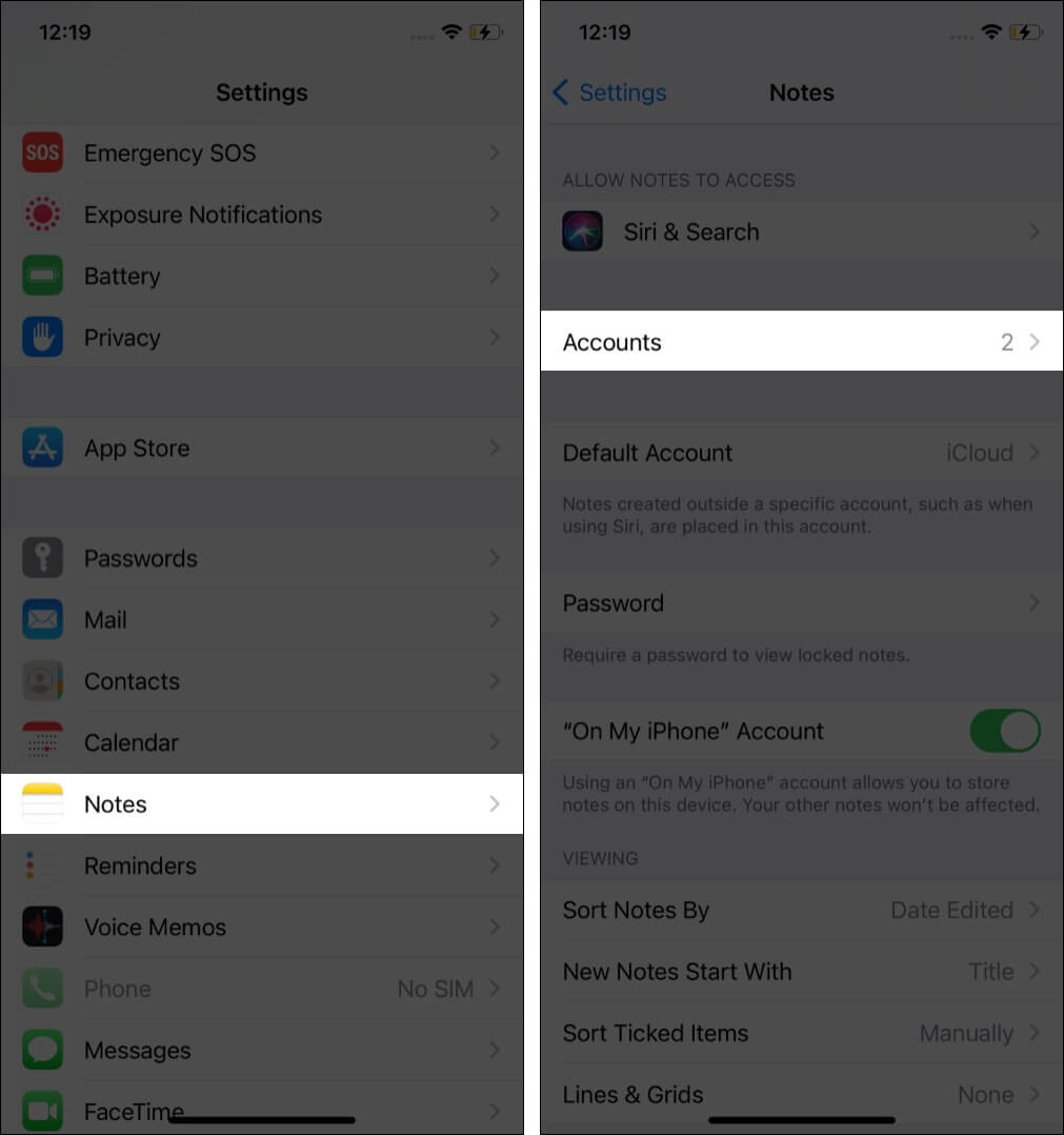 Open Setting app tap Notes then tap Accounts