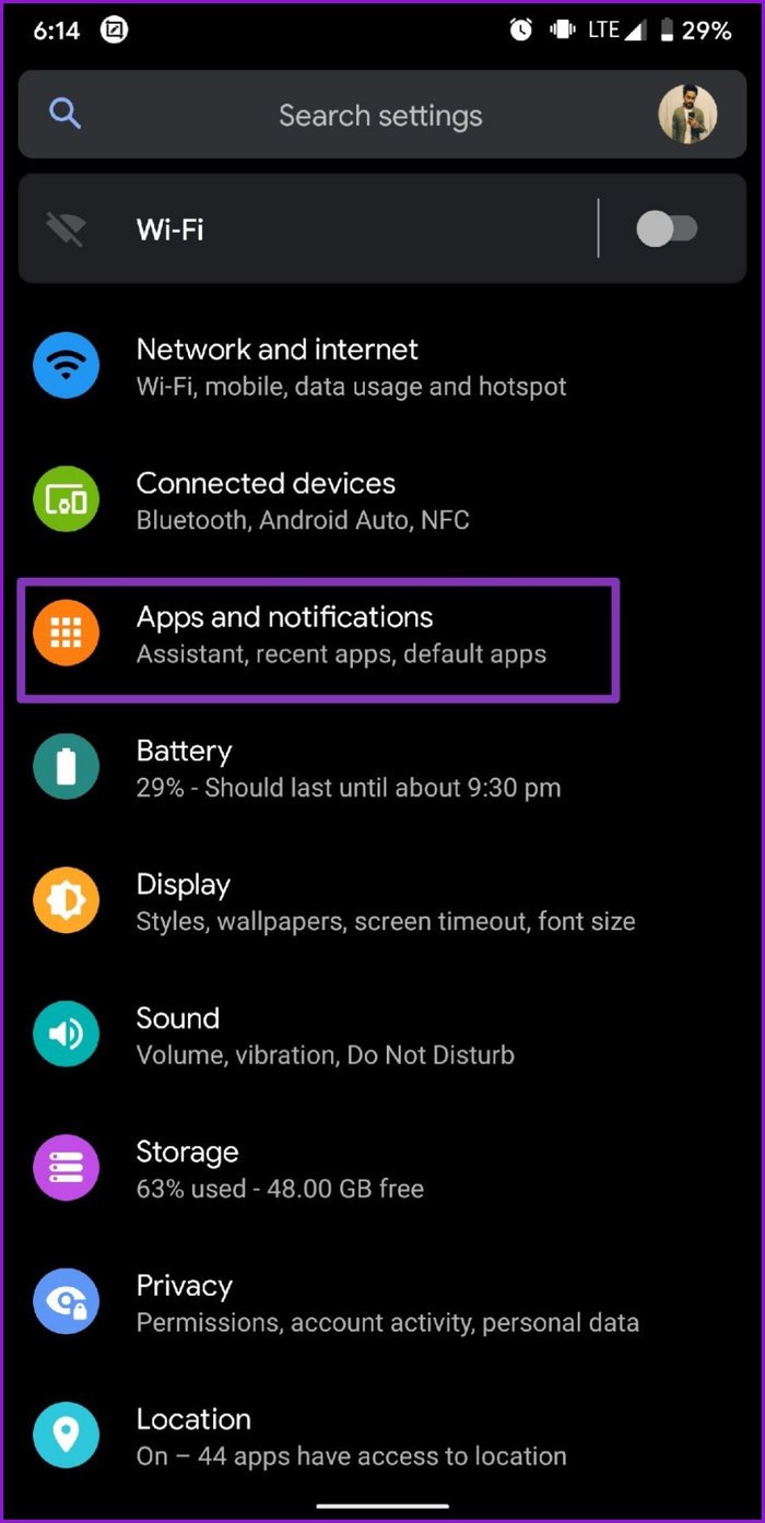 Menu de configurações
