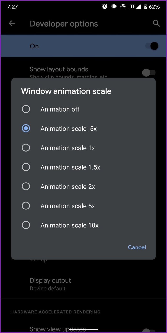 Escala de animação da janela no Android