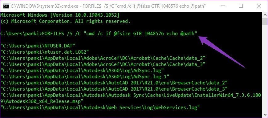 Prompt de comando para localizar arquivos grandes