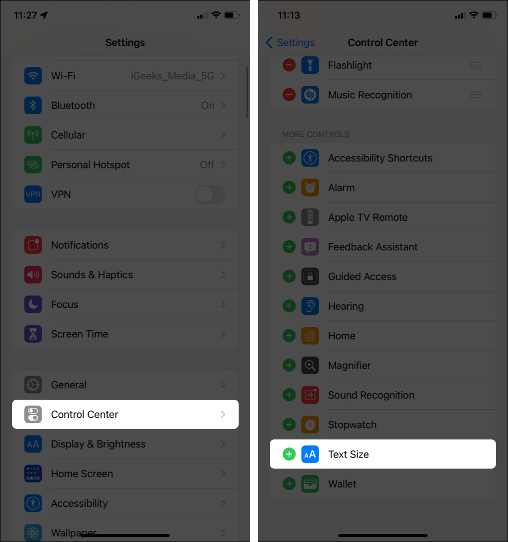 Adicionar ícone de tamanho de texto ao iPhone Control Center no iOS 15
