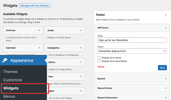 Adicionar inscrição formulário para o widget da barra lateral