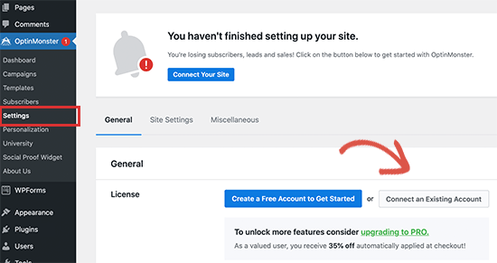 Conecte seu site para sua conta OptinMonster
