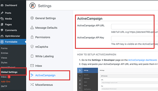 Insira as chaves da API ActiveCampaign
