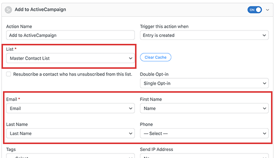 Mapeie campos de formulário para sua lista de e-mail