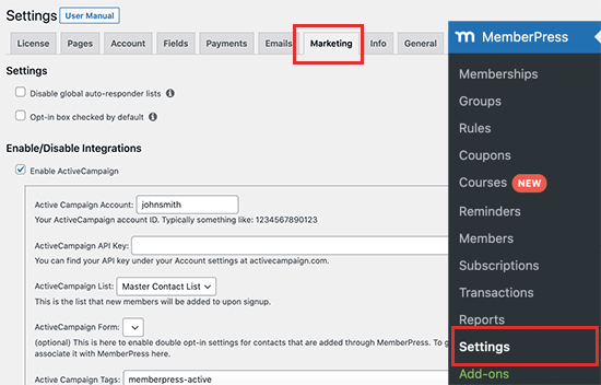 Conecte ActiveCampaign a MemberPress