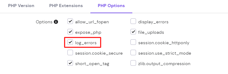 Painel de configuração do PHP no hPanel.