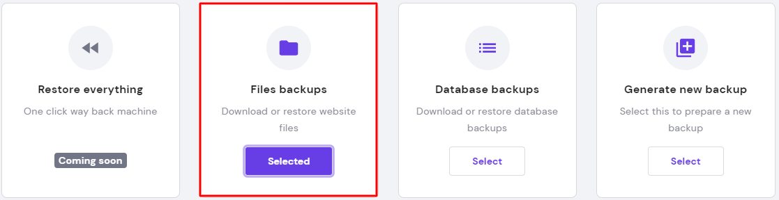 Seção de backup de arquivos no hPanel.