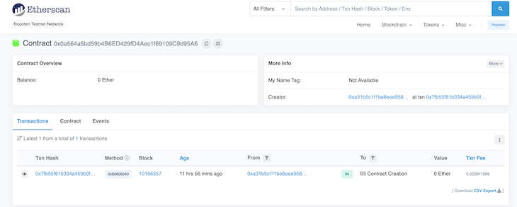 Ropsten Etherscan Contract Details Display