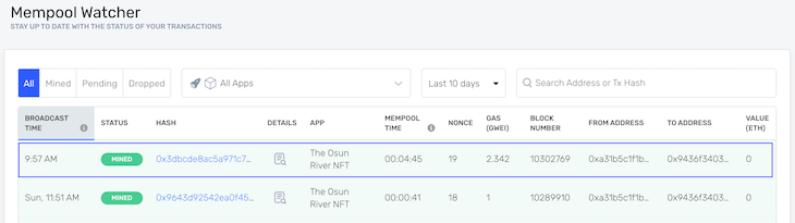 Alchemy Mempool NFT Data Dashboard