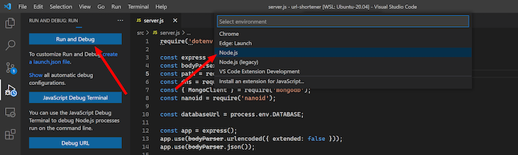 Selecione o ambiente Node.js