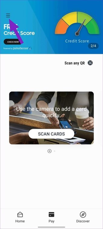 Selecionar menu hambúrguer em samsung pay
