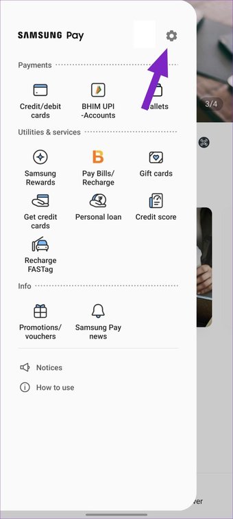 Selecione as configurações em samsung pay