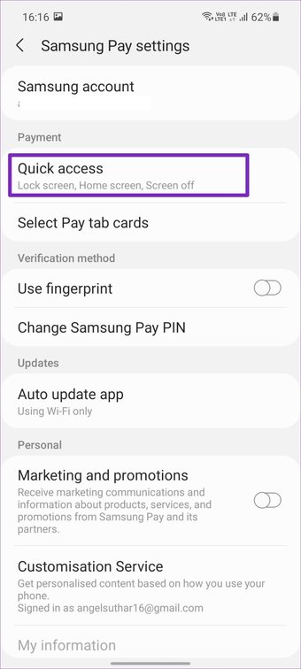 Selecione acesso rápido em samsung pay