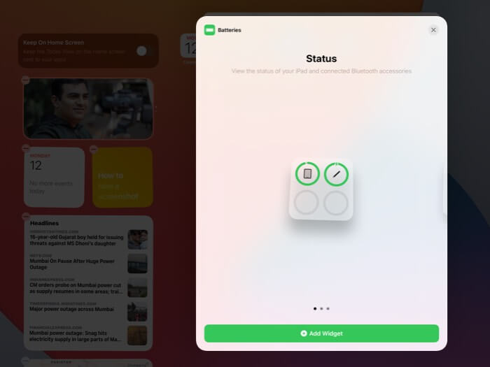 Toque em Adicionar widget no iPad