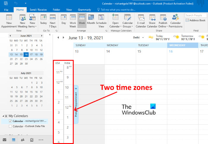 display two-time zone outlook