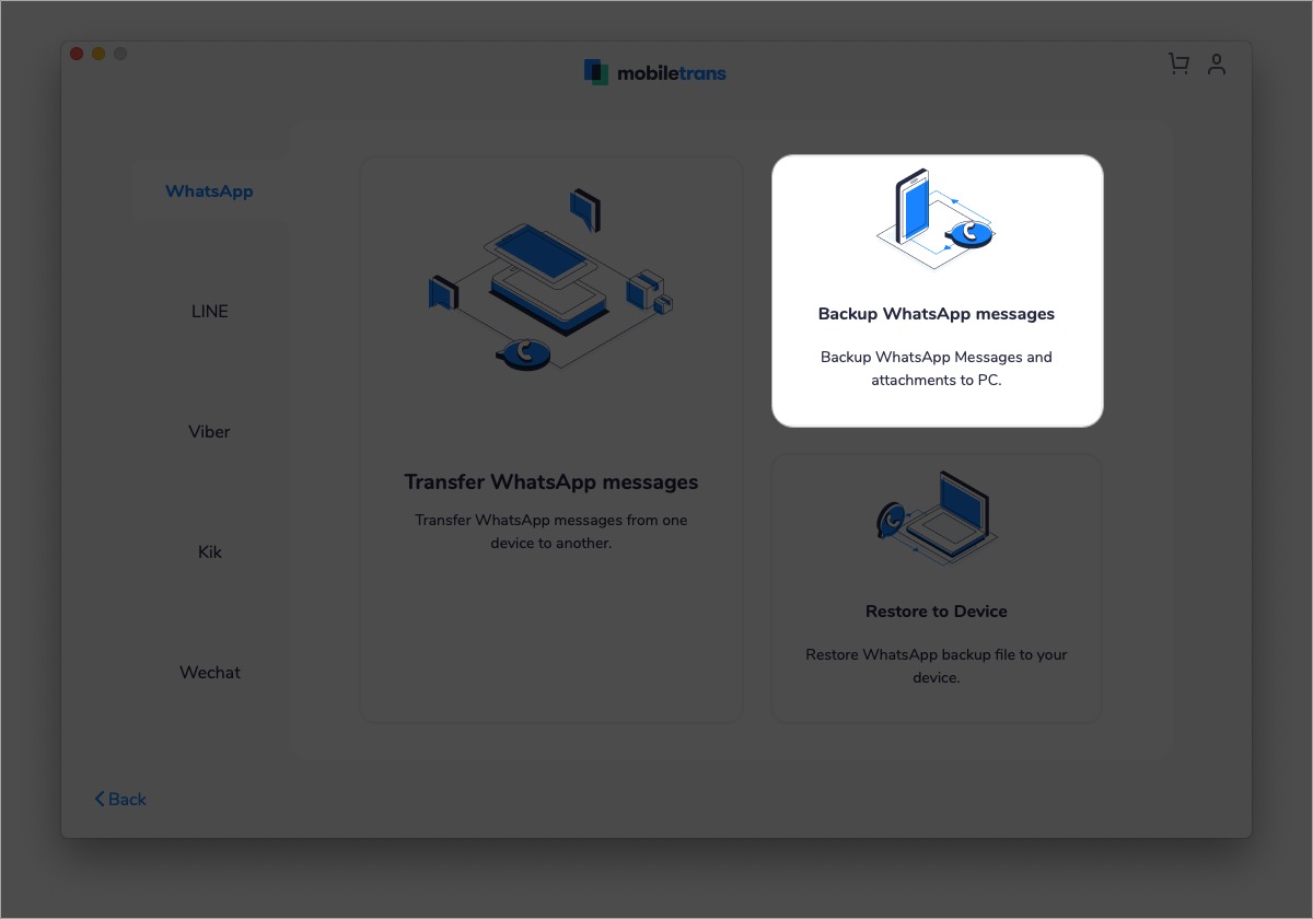 Clique em Fazer backup de mensagens WhatsApp dentro de MobileTrans