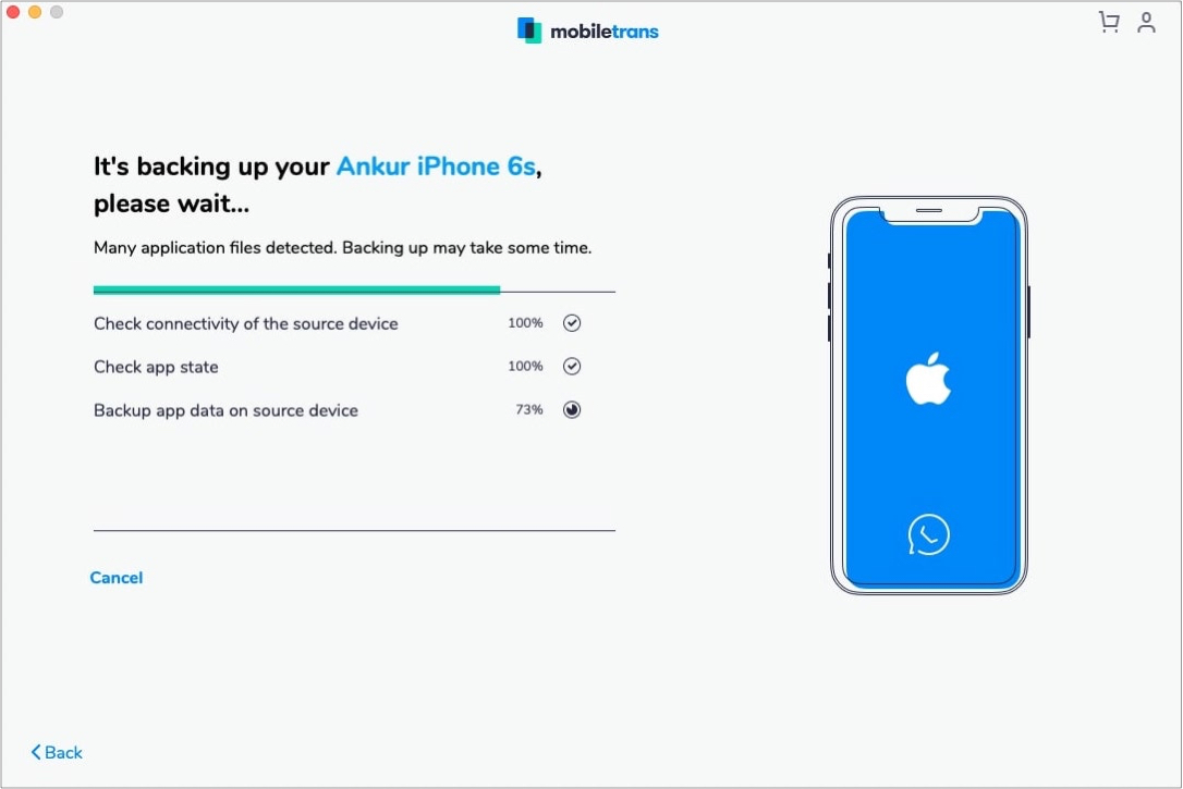 WhatsApp Backup em ação usando MobileTrans