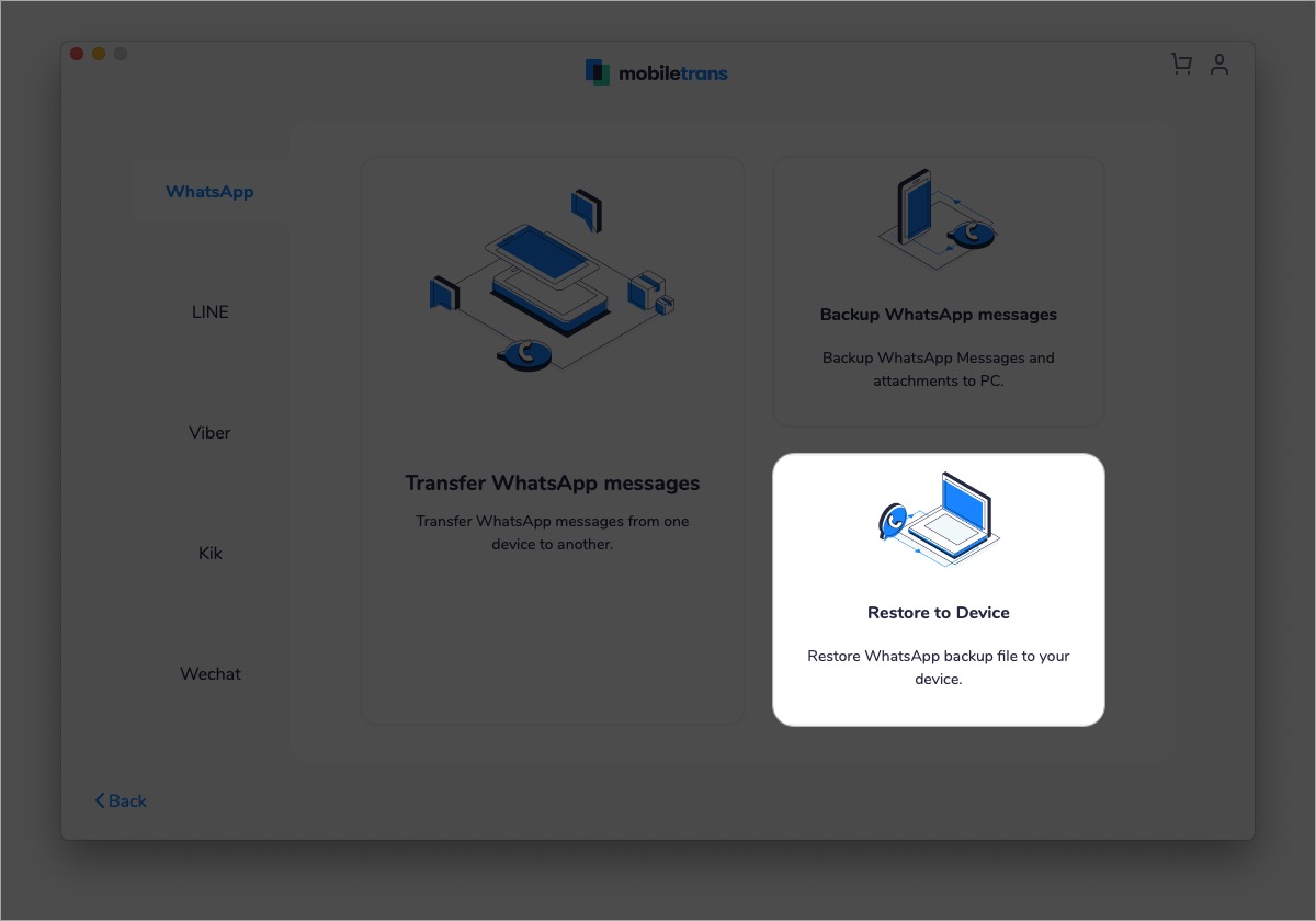 Clique em Restore to Device in MobileTrans
