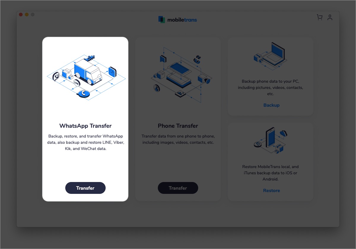 Clique em Transferência do WhatsApp dentro do MobileTrans
