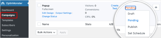 opção de publicação do wordpress para optinmonster