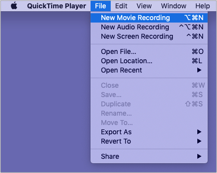 Abra o QuickTime Player, clique em Arquivo e em Nova Gravação de Filme