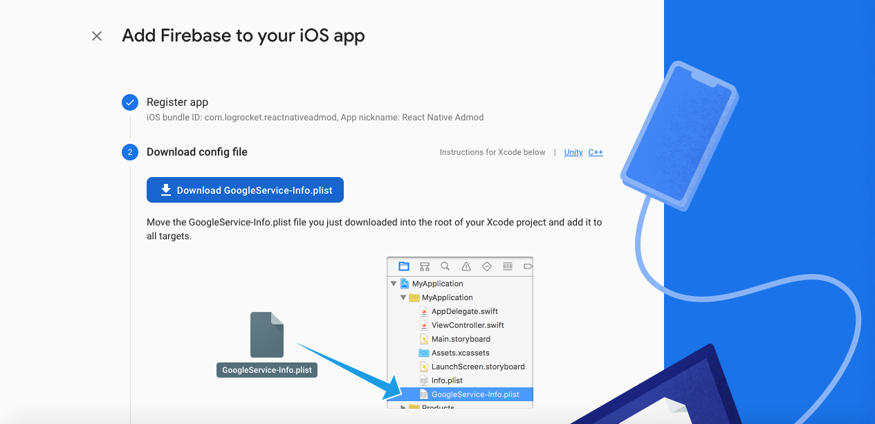 Captura de tela do Firebase adicionado à página ios