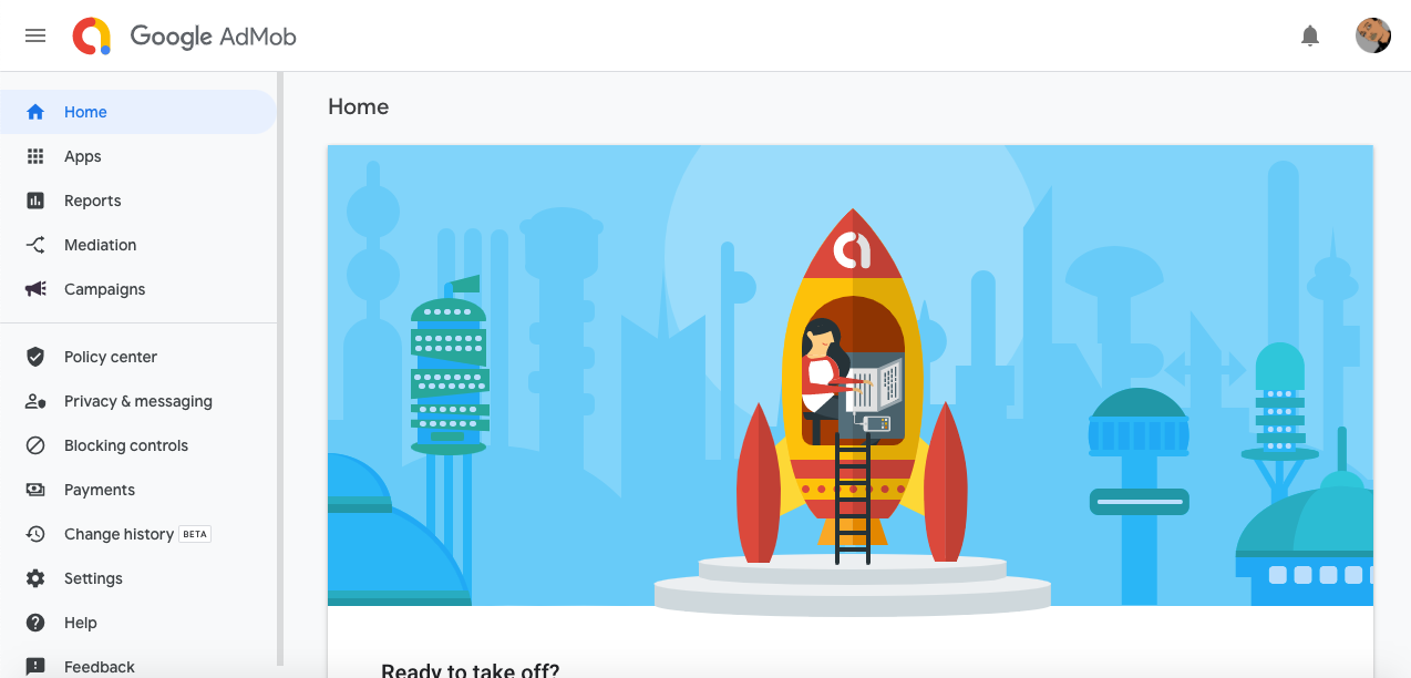 Captura de tela de página inicial da admob após o login