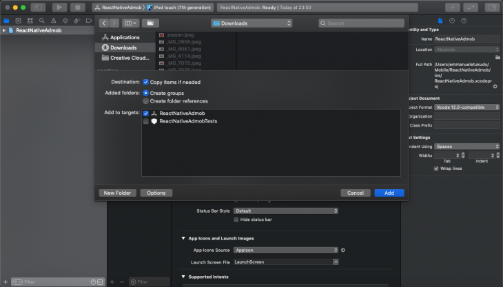 Captura de tela do projeto React Native Admob ct sendo adicionado ao Xcode