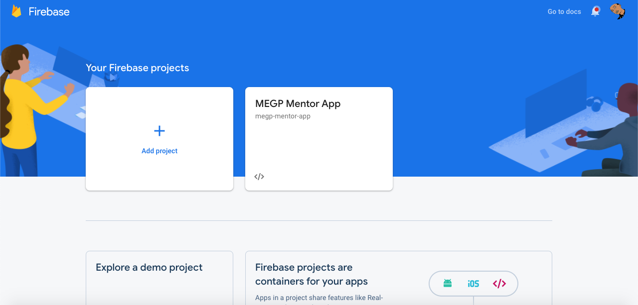 Captura de tela de Página inicial do Firebase após o login