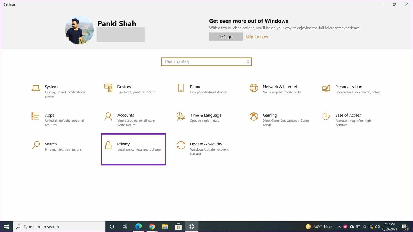 Abra o menu de privacidade do Windows