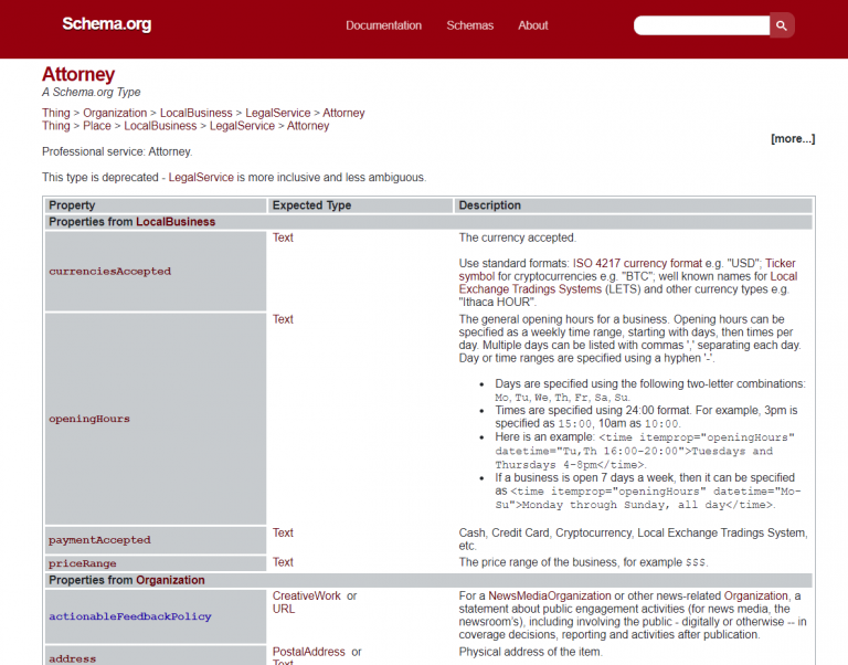 Captura de tela do tipo de dados de marcação do esquema do advogado no site Schema.org.