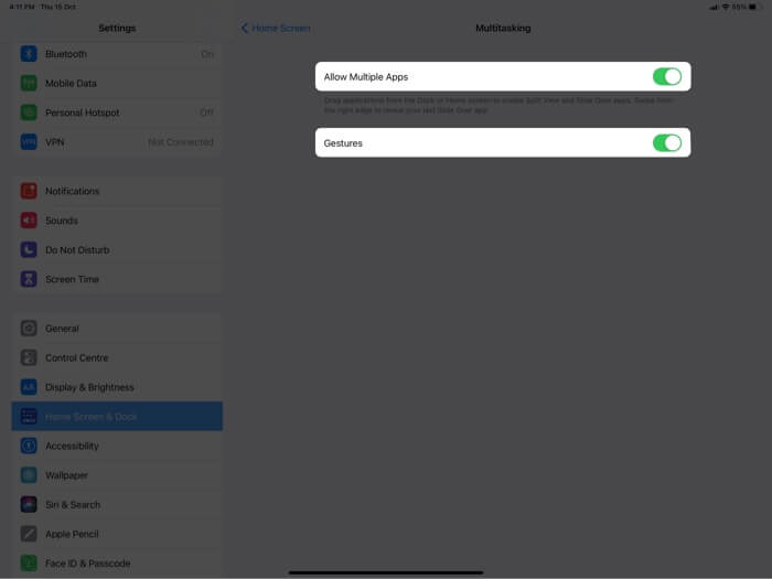 Permitir vários aplicativos e gestos para multitarefa no iPad