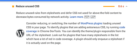 Não usado Problema de código CSS no Google Pagespeed Insights