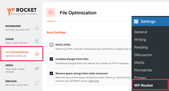 Otimização de arquivo em WP Rocket