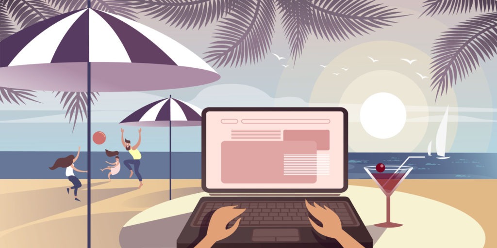 trabalhar na configuração do escritório na praia